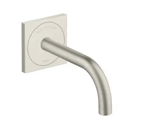 Wandmontierter, eckiger Waschtischmischer aus Edelstahl von AXOR mit gebogenem Auslauf und elektronischer Steuerung für moderne Badezimmer.